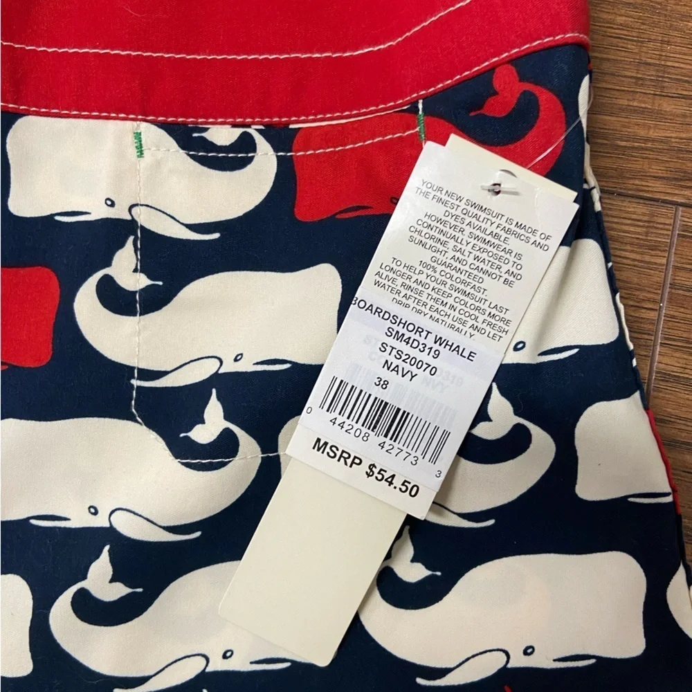 NWT Sperry Top Sider Men's Boardshorts Swim Size 38 Red/White Blue Whales Print